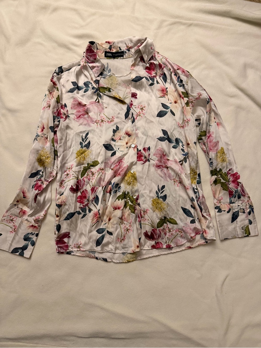 Zara White Floral Collared Button-Down Blouse
